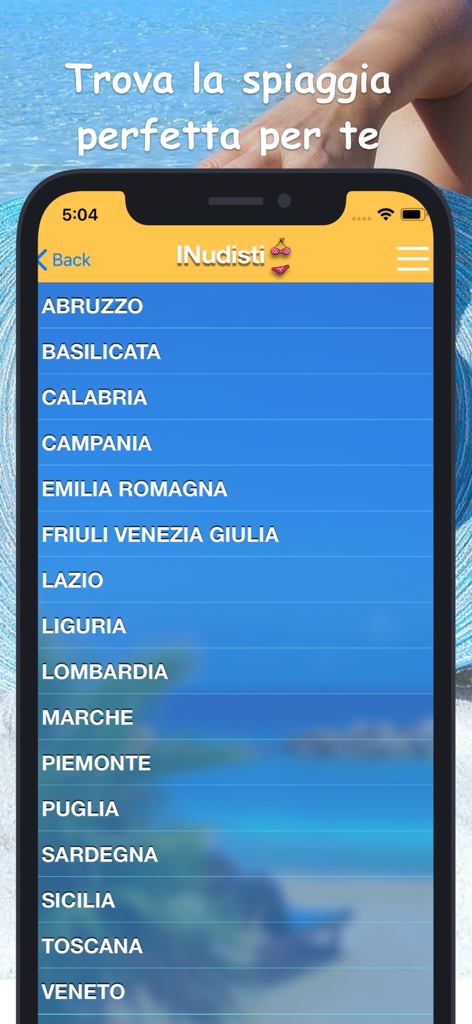 App mobile INudisti che mostra un elenco di regioni italiane per trovare spiagge nudiste
