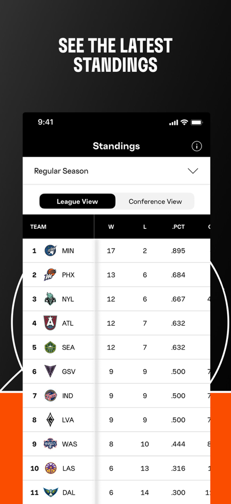 WNBA: Live Games & Scores - WNBA app screenshot showing regular season league standings with team records and win percentages