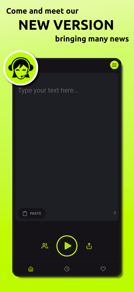 Interfaccia dell'app Voce Donna Traduttore che mostra una schermata di input testo e controlli di riproduzione con un tema verde lime.