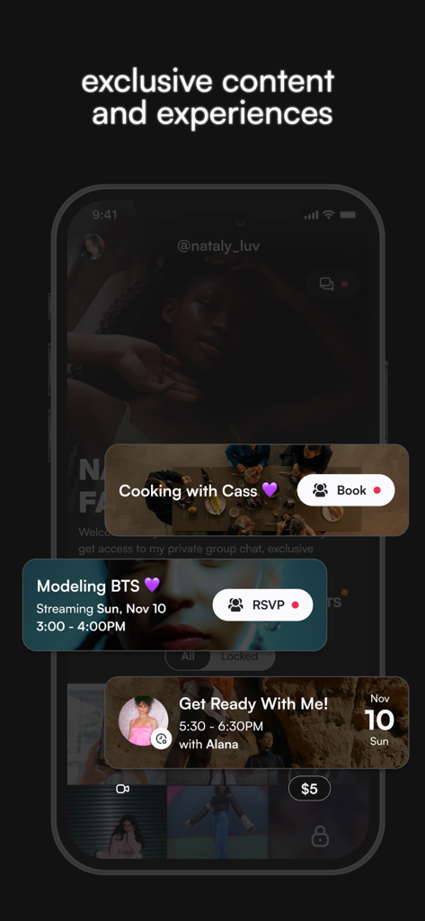 Ultraviolet Chat - Mobile app interface for Ultraviolet Chat showing exclusive creator experiences and event bookings