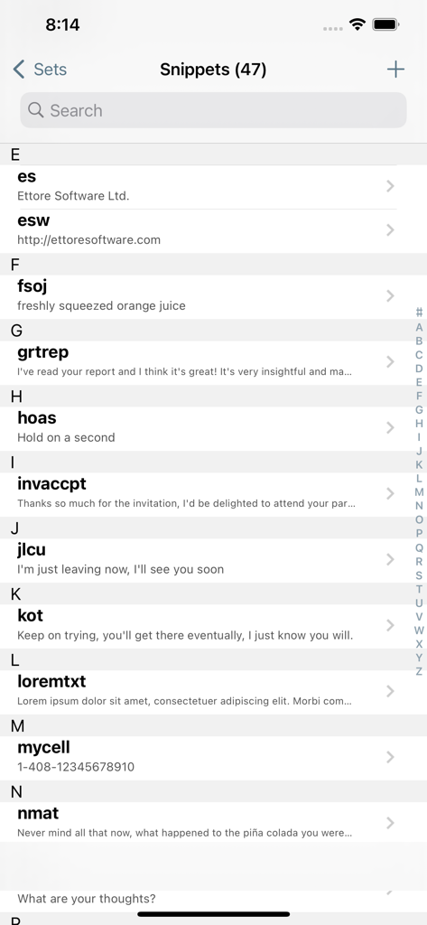 TypeIt4Me Touch - A list of text expansion snippets and shorthand abbreviations in the TypeIt4Me Touch app