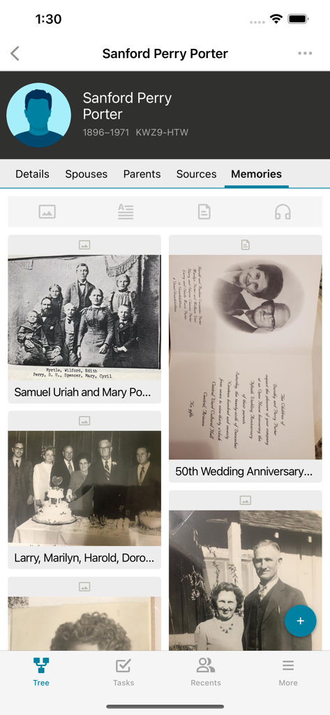 FamilySearch Tree - Memories tab in the FamilySearch Tree app showing vintage family photos and documents for an ancestor profile