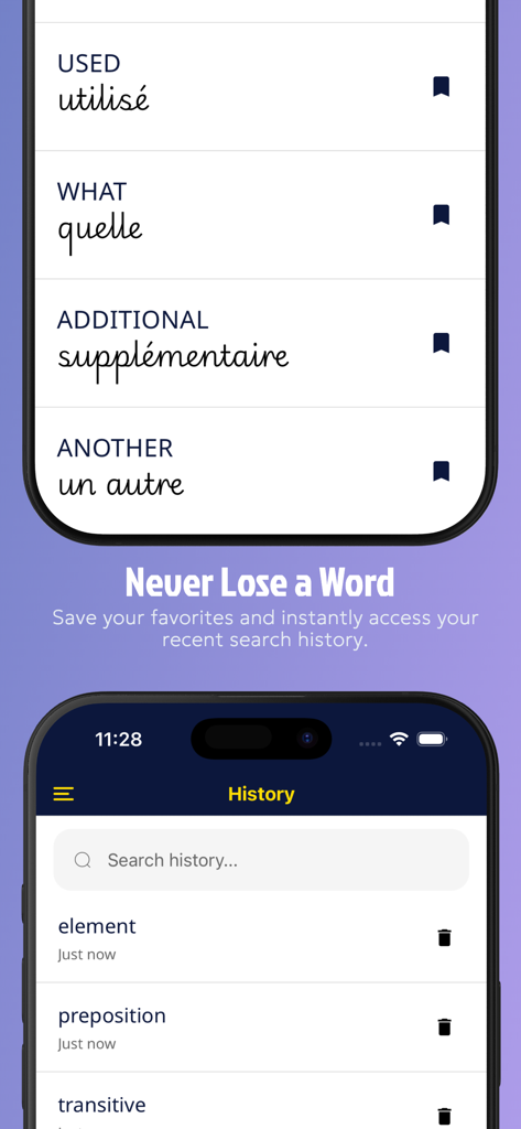 Interface of the French Dictionary Translate Plus app showing bookmarked translations and recent search history screens.