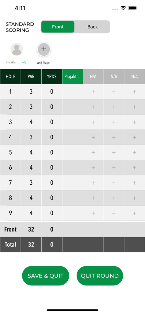 City of Boca Raton Golf - Una tarjeta de puntuación de golf digital en la aplicación que muestra los hoyos, el par y las puntuaciones de los jugadores para una ronda de golf.