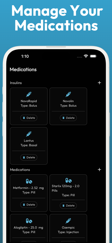Blood Glucose Sugar Monitor - Diabetes-Medikamenten- und Insulinverfolgungs-Oberfläche in der GlucoLog App.