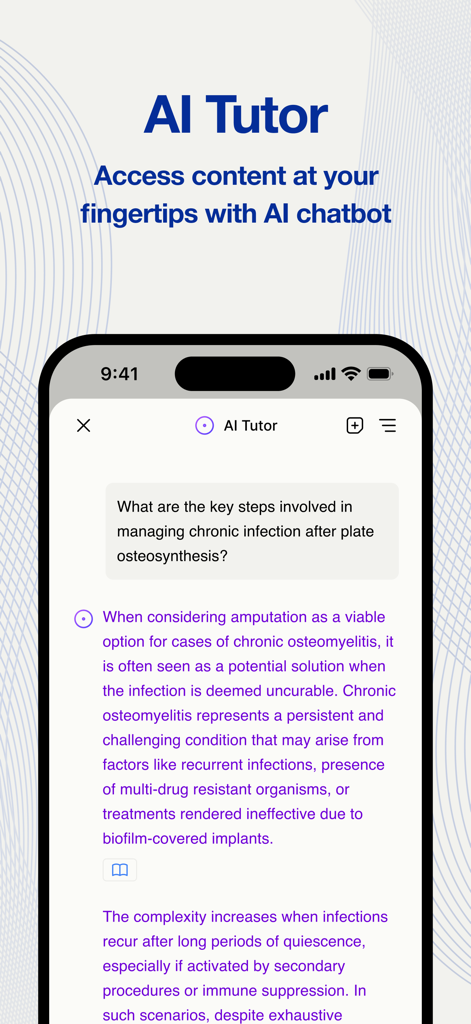 AO Companion - AO Companion app AI Tutor screen showing an orthopedic medical question and answer