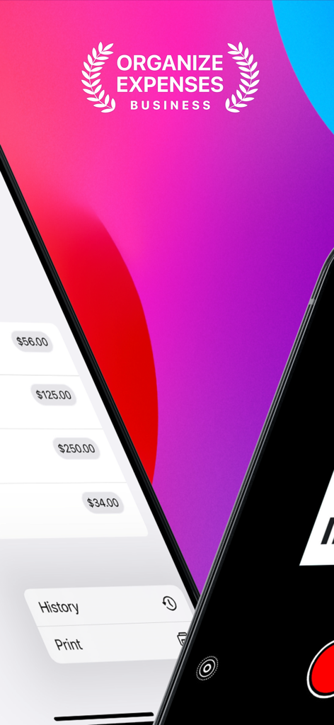 Expenses for Business - Oberfläche der Geschäftsausgaben-App, die Ausgabenlisten und Belegscannfunktionen zeigt