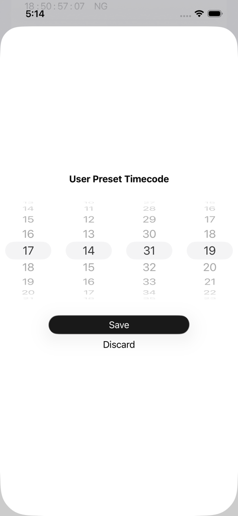 Timecode Marker - Interface for setting a custom user preset timecode using a numerical wheel picker within the Timecode Marker app.