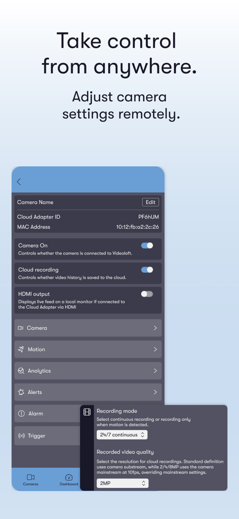 CCTV Connect app interface showing remote camera settings and cloud recording configuration options