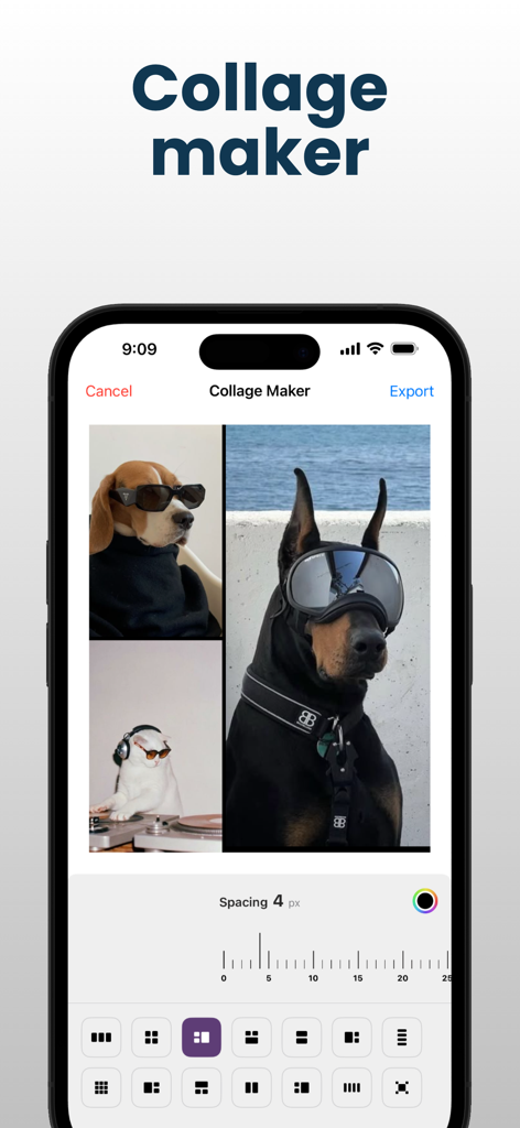 FlowPix Instagram Feed Preview - FlowPix app interface showing the collage maker feature with photo layout options and spacing adjustments for Instagram posts