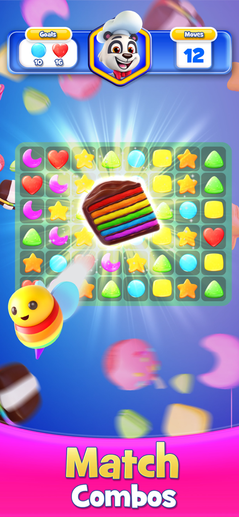 Jogabilidade do Cookie Jam mostrando combos de combinação com um booster de bolo arco-íris e o Chef Panda.