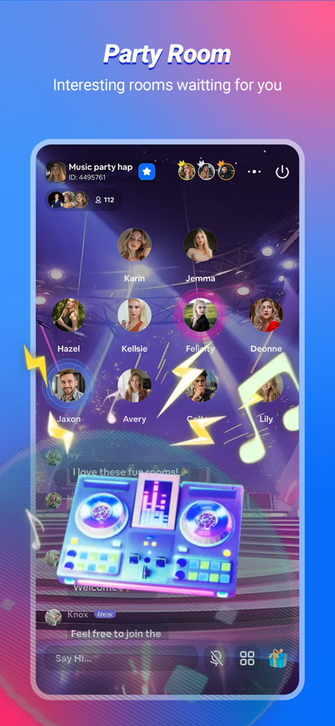 Zili - Zili mobile app party room interface showing users in a live music themed voice chat with animated gifts