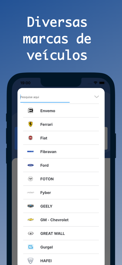 Mobile screen showing a dropdown list of vehicle brands like Ferrari and Ford in the Tabela FIPE app