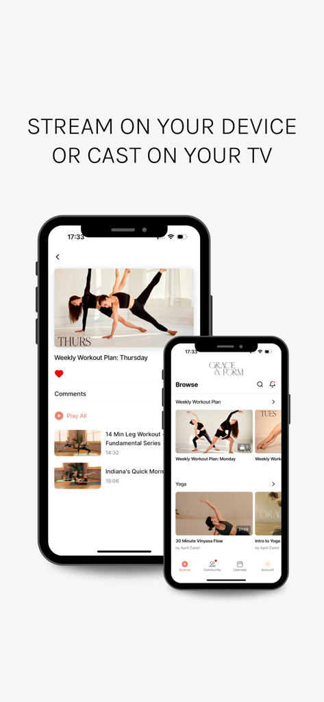 Zwei iPhones, die die Benutzeroberfläche der Grace and Form App mit Trainingsplänen und Yogakursen anzeigen