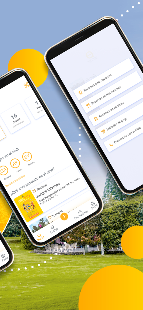 Interfaz móvil de la aplicación Quito Tenis y Golf Club mostrando funciones de reserva y comunidad