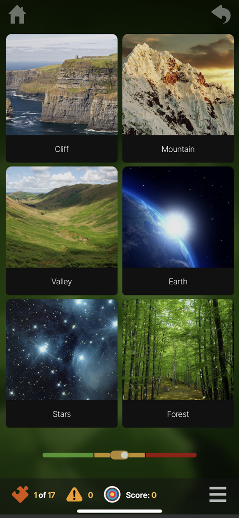 OUINO French (members only) - An interactive nature vocabulary exercise in the OUINO French app showing illustrated cards for terms like Cliff Mountain and Forest.