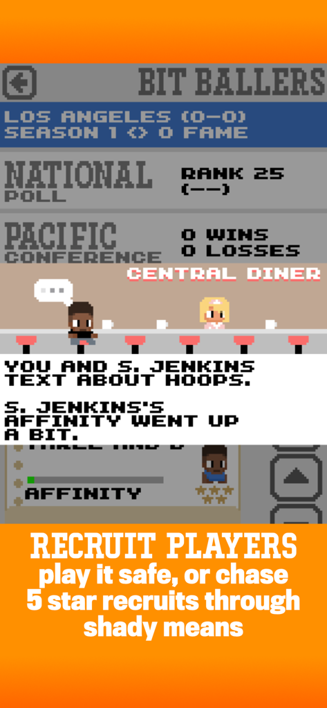 Pixel art interface of bit ballers showing a player recruitment interaction at a diner