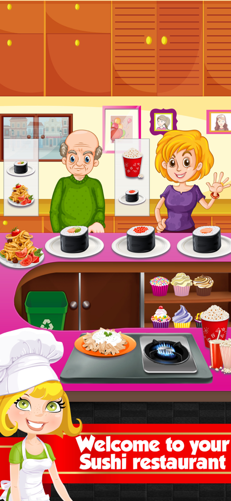 Sushi Maker - Japanese Cooking - A cartoon chef standing in a kitchen serving sushi and pasta to customers at a counter