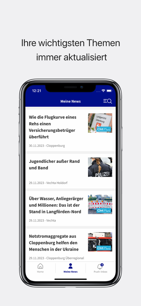 Um telefone móvel exibindo a seção personalizada Meine News do aplicativo OM Online com artigos de notícias locais alemães