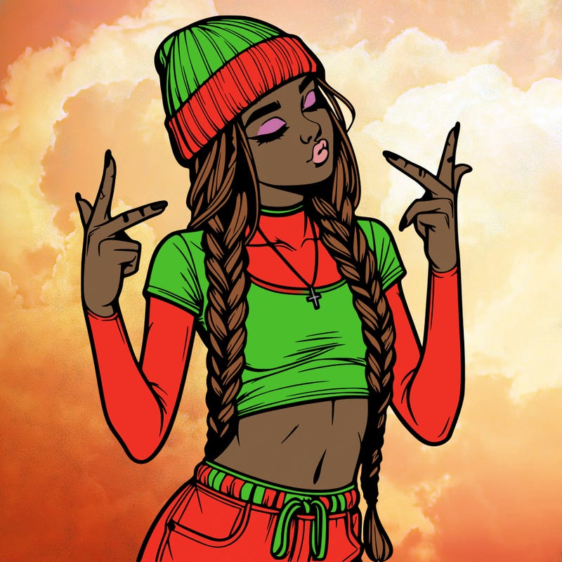 realistic teenage girl with braids and a beanie and crop top doing 🫶🏼