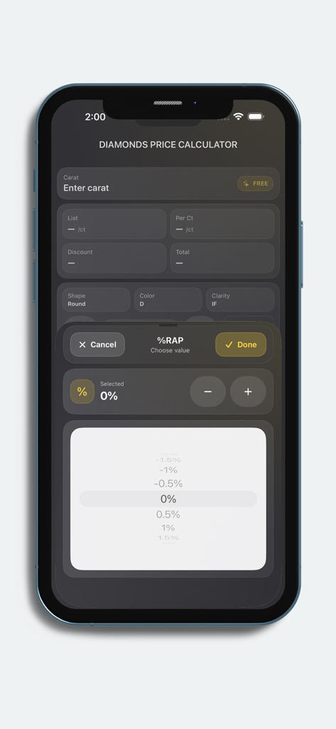 Interfaz de la aplicación Calcular Precio Diamante que muestra la herramienta de selección de valor porcentual de Rapaport