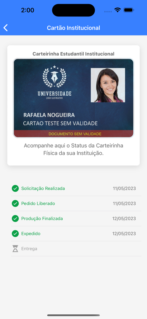 Carteirinha - Digital student ID card and physical card delivery status tracking on a smartphone screen
