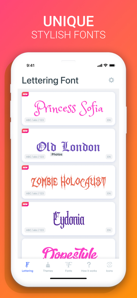 Fonts X for iPhones: Keyboard - Pantalla de iPhone que muestra una lista de fuentes personalizadas elegantes, incluyendo Princess Sofia y Old London, dentro de la interfaz de la aplicación Fonts X.