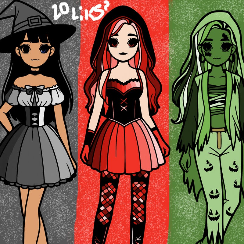 three teen girls on halloween. one dressed as a witch, one dressed as a vampire, and another dressed as a zombie.