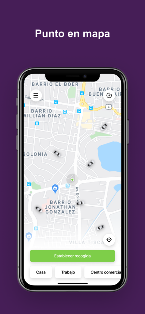 Ray App - Taxi Rápido y Seguro - Ray App-Oberfläche zeigt eine Karte mit Taxipunkten und einer Schaltfläche zum Festlegen des Abholorts