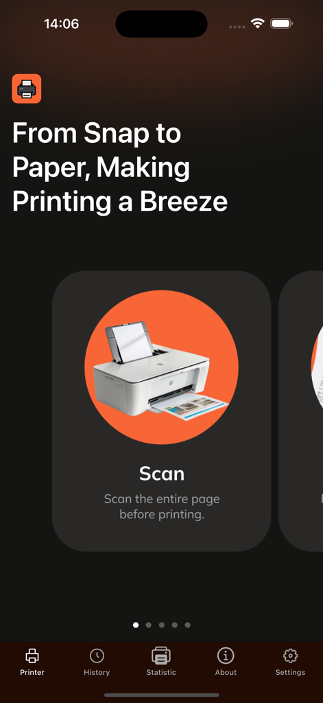 Printer for phone - air - Smartphone app screen showing the scan option for printing documents