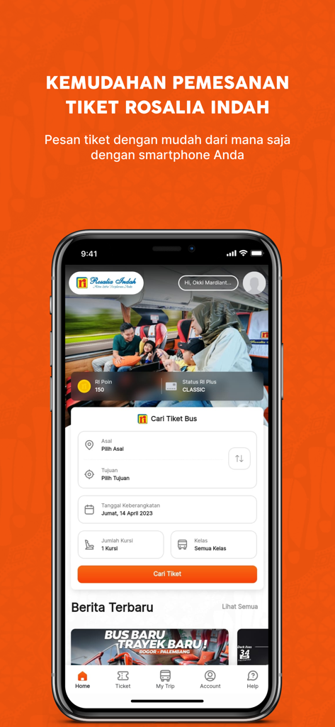 チケット検索インターフェースと会員プロファイルの詳細を表示するRosalia Indahモバイルアプリのホーム画面。