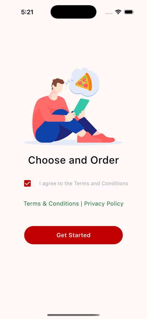 Charlie's PIZZA Restaurant - Charlies Pizza app welcome screen showing a person ordering pizza on a tablet with a Get Started button