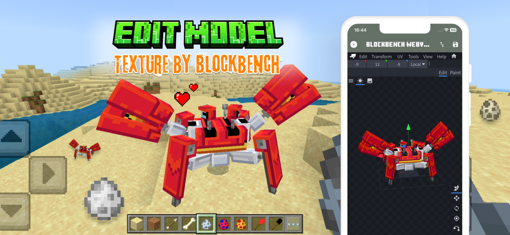 Minecraft mob maker app showing 3D editing of a custom red crab creature