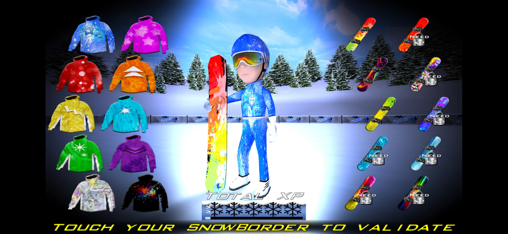 Snowboard Racing Ultimate - Pantalla de personalización en Snowboard Racing Ultimate mostrando varias chaquetas y tablas de snowboard coloridas para desbloquear con XP.