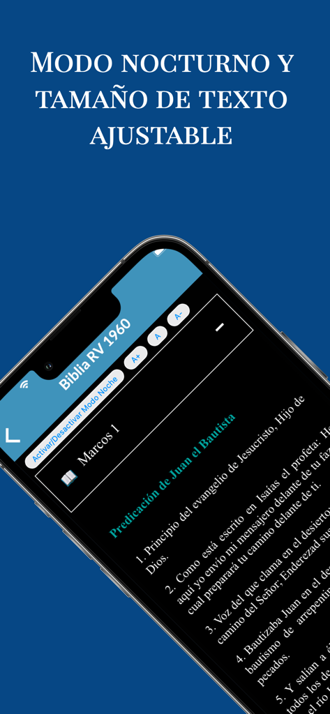 Screenshot of the Reina Valera 1960 Santa Biblia app displaying night mode and adjustable text size settings