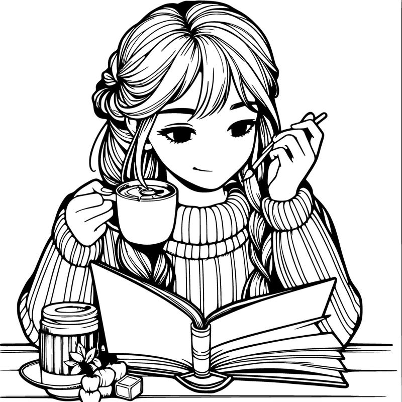 realistic girl reading a book and drinking hot chocolate