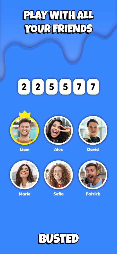 Busted & Exposed 2: Party Game - プレイヤーの自撮り写真と参加PINコードが表示された、Bustedモバイルアプリのグループロビー画面
