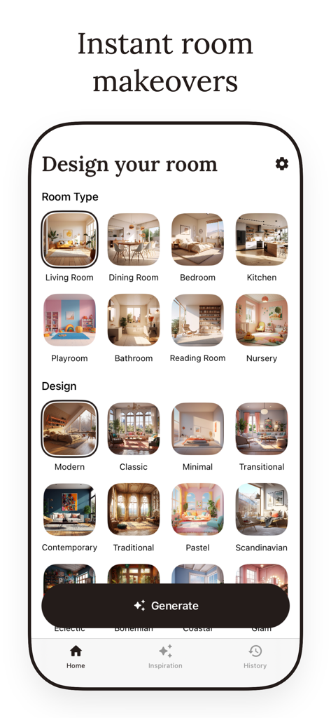 Oberfläche der KI-Raumgestaltungs-App mit Raumtypen und Einrichtungsstilen.