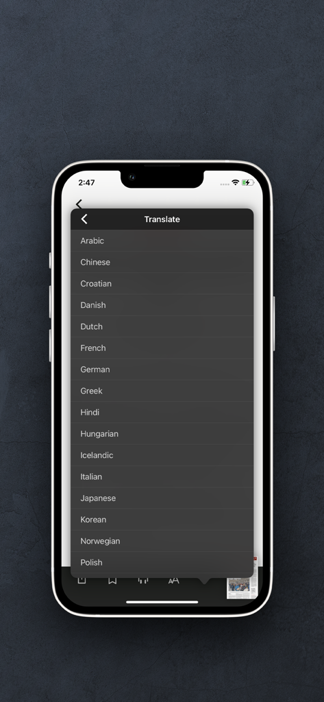 Globe2Go Print Replica Edition - Smartphone display showing the translation menu within the Globe2Go app with a list of languages.