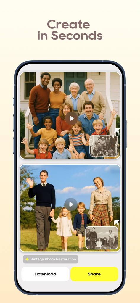 Quokka: AI Video Effects Maker - Quokka app screen showing vintage photo restoration feature with colorized old photos