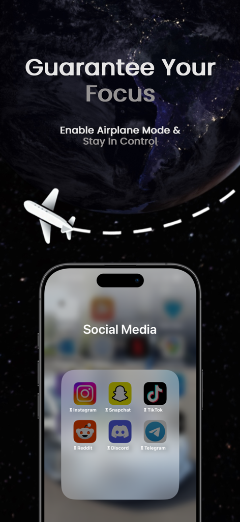 Fly Focus - 집중을 보장하기 위해 Fly Focus 비행기 모드 기능이 활성화된 상태에서 차단된 소셜 미디어 아이콘을 표시하는 스마트폰.