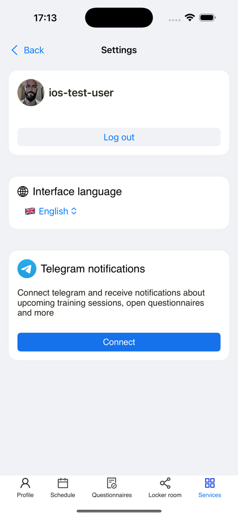 Manager 360 - Manager 360 app settings screen showing user profile, interface language selection, and Telegram notification connection.