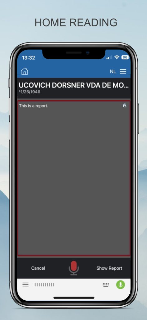 PACSonWEB - Smartphone screen showing the PACSonWEB Home Reading interface for medical report dictation with speech recognition