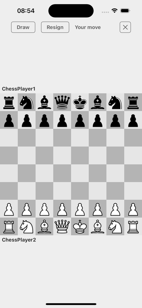 Pantalla móvil que muestra la posición inicial de una partida de ajedrez en la aplicación Ajedrez sin conexión