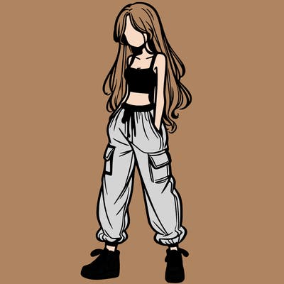 girl in baggy pants crop top and long hair
