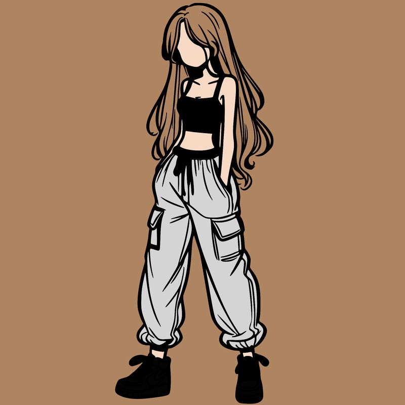 girl in baggy pants crop top and long hair