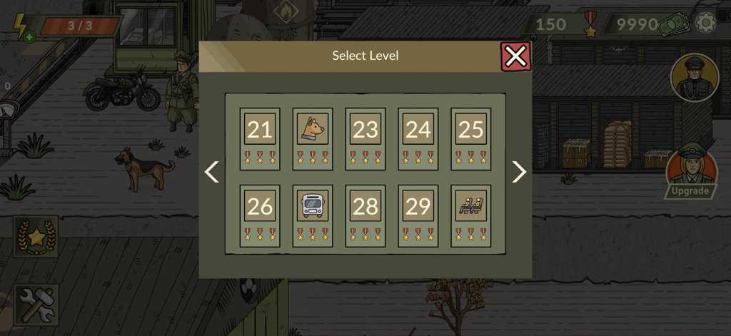 Black Border 2 Lite - Menú de selección de niveles en Black Border 2 Lite que muestra los niveles 21 a 30 con calificaciones de estrellas e íconos especiales para las misiones de perros y autobuses.