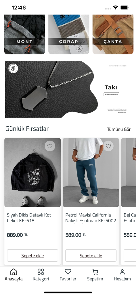 ByBasicman - ByBasicman app interface featuring men's apparel categories and daily deals.