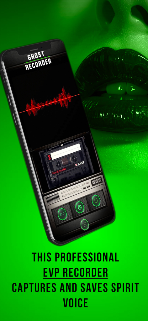 Ghost Finder Tools app showing the EVP Recorder feature with a red sound wave display and recording controls