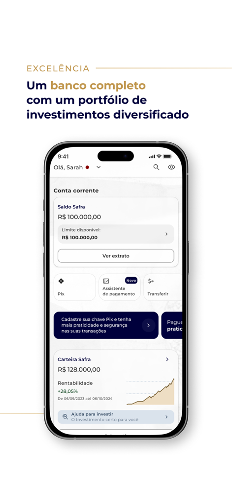 Safra: investimentos e conta - Safra mobile app dashboard showing account balance and investment portfolio performance
